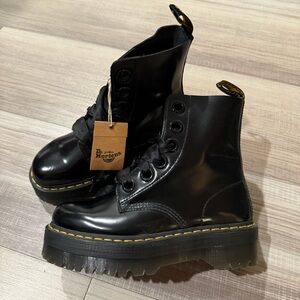 Dr. Martens Shiny Black Boots with Yellow Stitching